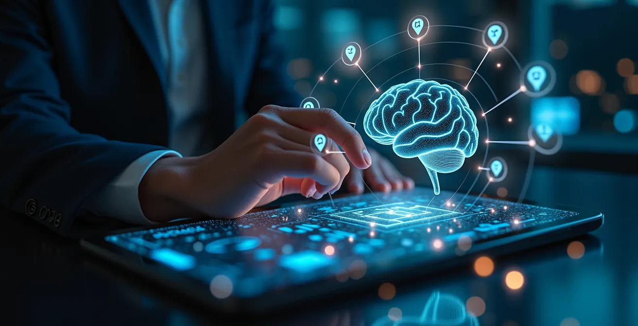 Illustration conceptuelle de l'intelligence artificielle détectant une fraude bancaire en analysant des données transactionnelles