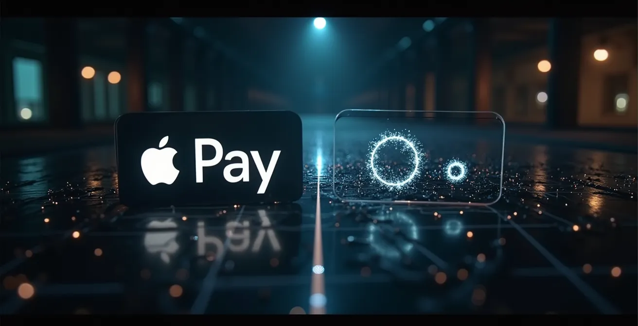 Symbole de confrontation visuelle entre les logos Apple Pay et Google Pay avec éléments graphiques représentant écosystèmes fermés et ouverts
