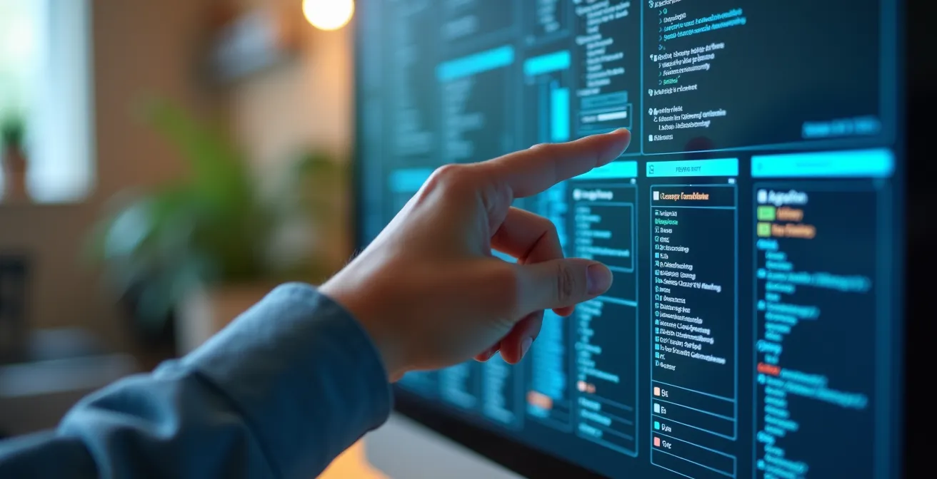 Vue détaillée d'un bureau moderne avec un écran montrant une interface de coffre-fort numérique sécurisée et une organisation innovante par tagging