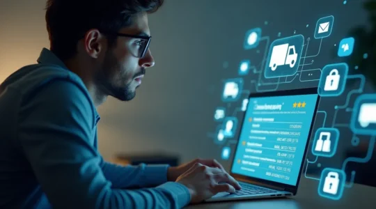 Illustration symbolique montrant un consommateur en ligne utilisant un ordinateur avec des éléments graphiques de prix, avis et livraison autour