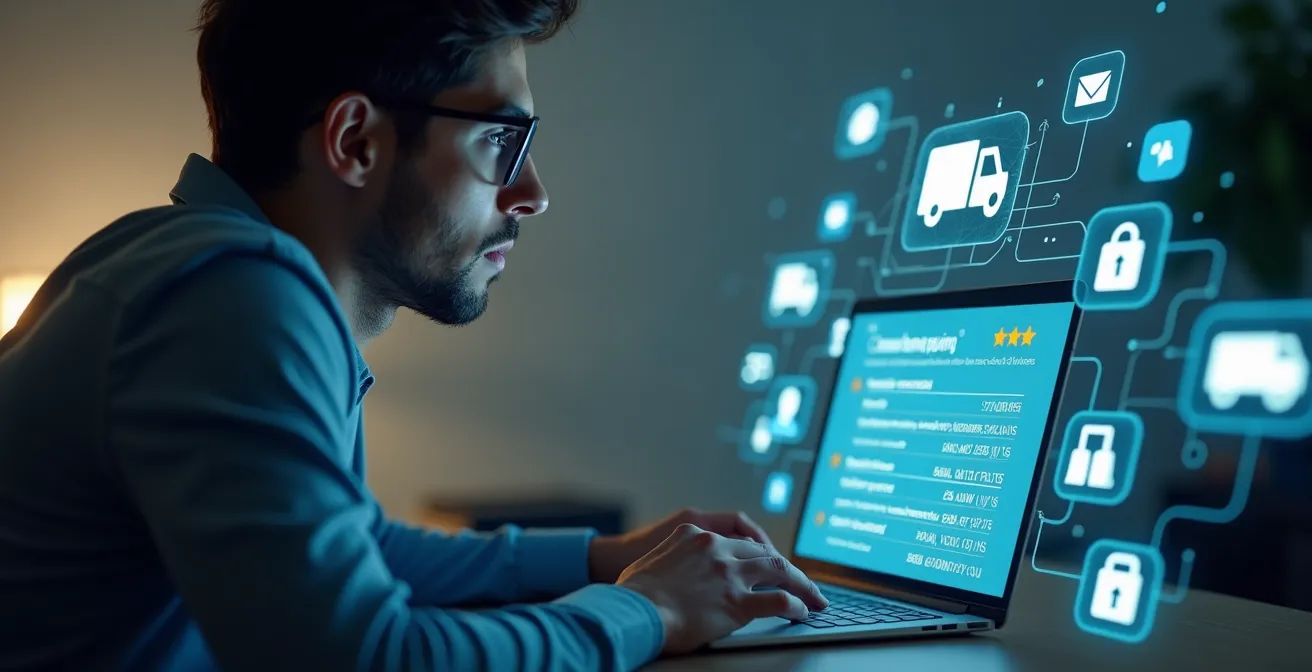 Illustration symbolique montrant un consommateur en ligne utilisant un ordinateur avec des éléments graphiques de prix, avis et livraison autour