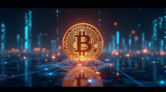 Illustration symbolique de la révolution de la propriété numérique avec Bitcoin et la blockchain