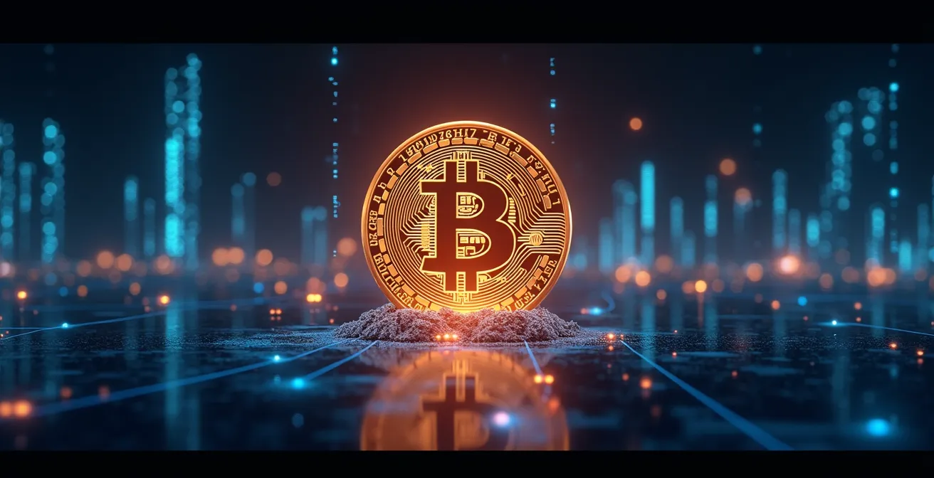 Illustration symbolique de la révolution de la propriété numérique avec Bitcoin et la blockchain