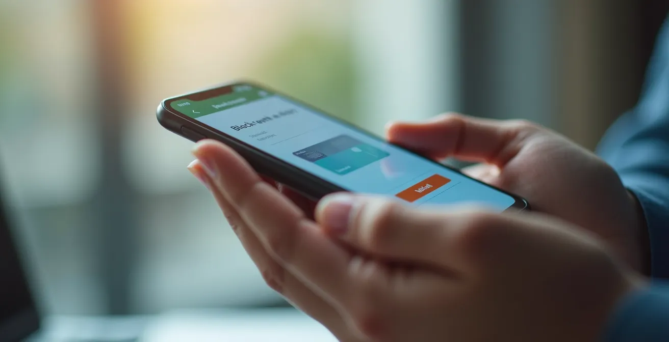 Vue main tenant un smartphone avec une application bancaire affichant un bouton pour bloquer ou débloquer la carte bancaire instantanément
