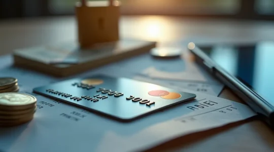 Représentation symbolique d'une carte bancaire entourée d'éléments financiers et de sécurité, tels que cadenas, pièces de monnaie et documents