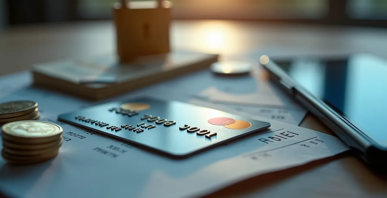 Représentation symbolique d'une carte bancaire entourée d'éléments financiers et de sécurité, tels que cadenas, pièces de monnaie et documents