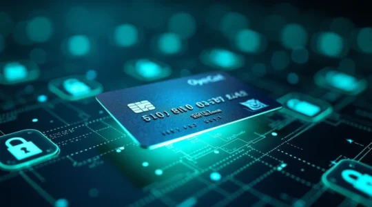Illustration symbolique d'une carte bancaire virtuelle sécurisée, entourée d'éléments digitaux symbolisant la protection et la facilité du paiement en ligne.