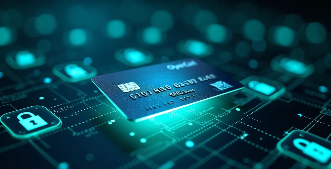 Illustration symbolique d'une carte bancaire virtuelle sécurisée, entourée d'éléments digitaux symbolisant la protection et la facilité du paiement en ligne.
