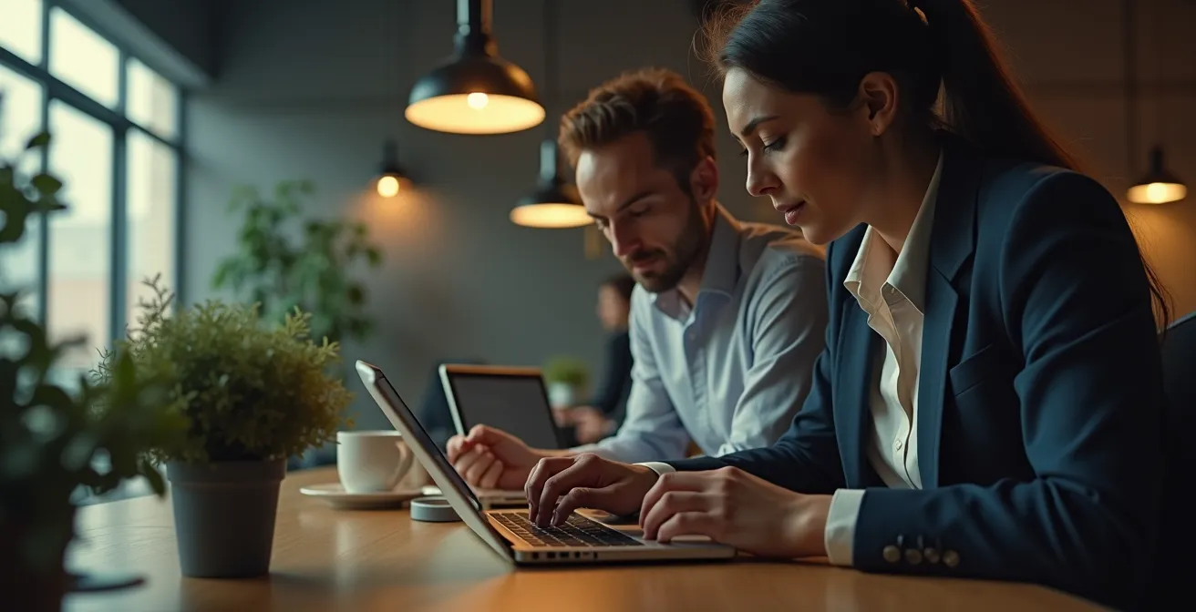 Illustration d’un bureau d’entreprise avec des collaborateurs utilisant des cartes rechargeables pour gérer leurs dépenses professionnelles