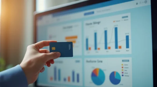 Une personne tenant une carte bancaire rechargeable devant un écran affichant un tableau de gestion budgétaire numérique