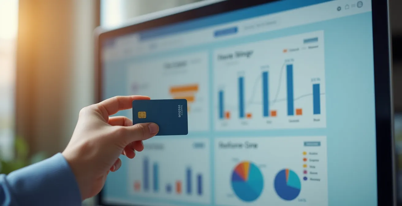 Une personne tenant une carte bancaire rechargeable devant un écran affichant un tableau de gestion budgétaire numérique