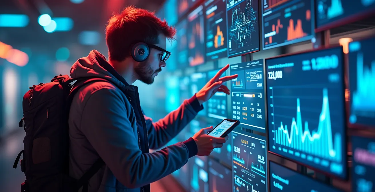 Illustration montrant un chasseur de bonnes affaires virtuel utilisant des outils numériques pour trouver les meilleurs prix en ligne