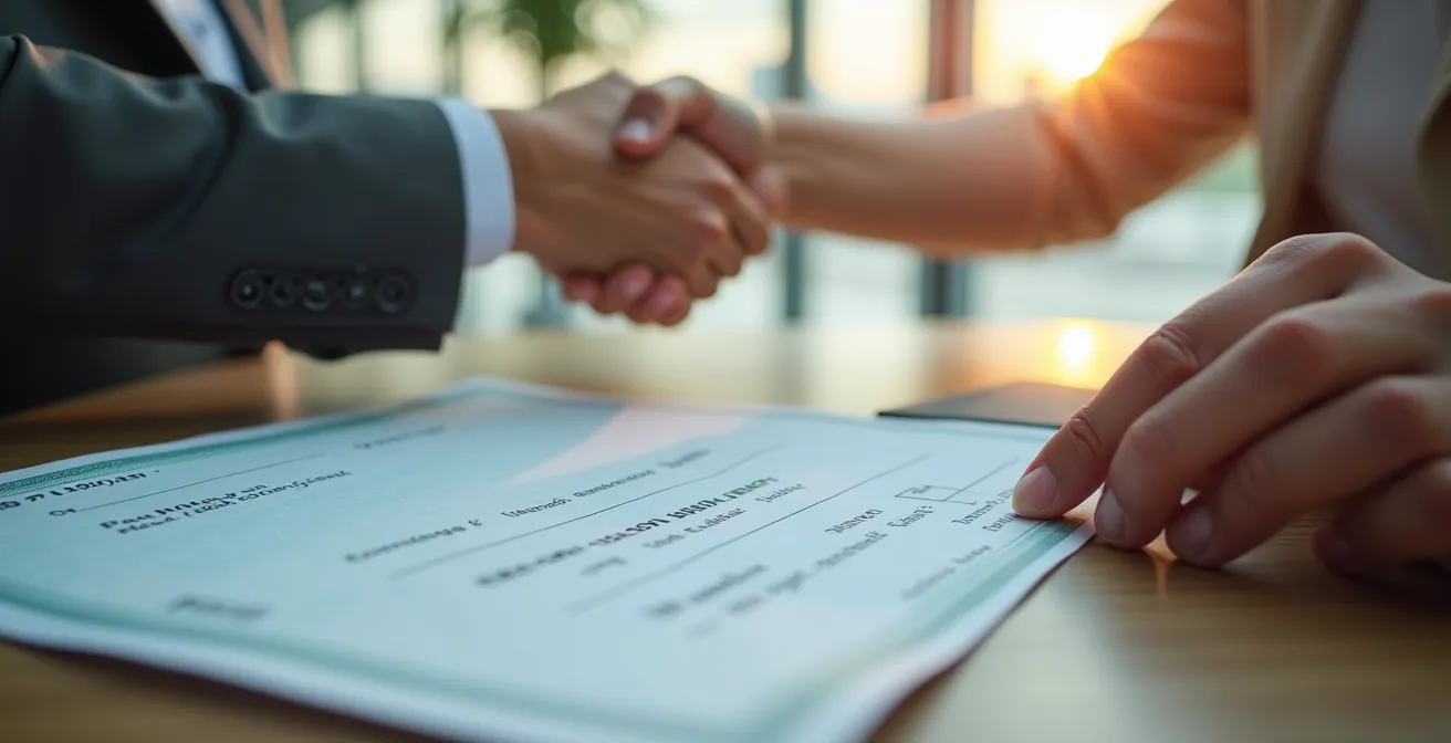 Un chèque de banque signé posé à côté d'une voiture d'occasion avec mains d'un vendeur et d'un acheteur visible