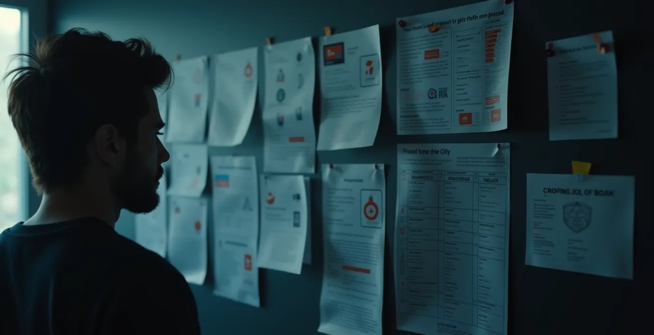 Illustration symbolique montrant un consommateur face à un mur de documents bancaires et un cadenas numérique, représentant la complexité du remboursement en cas de fraude 3D Secure