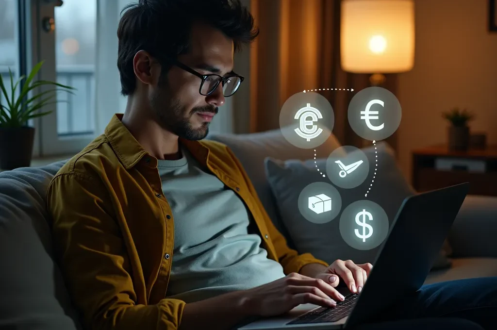 Illustration symbolique d'un consommateur assis sur un canapé utilisant un ordinateur portable pour effectuer des achats internationaux en ligne, entouré d'éléments représentant des devises, livraison, et contrôle douanier.