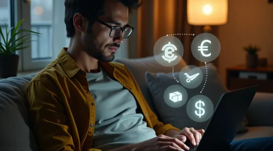 Illustration symbolique d'un consommateur assis sur un canapé utilisant un ordinateur portable pour effectuer des achats internationaux en ligne, entouré d'éléments représentant des devises, livraison, et contrôle douanier.