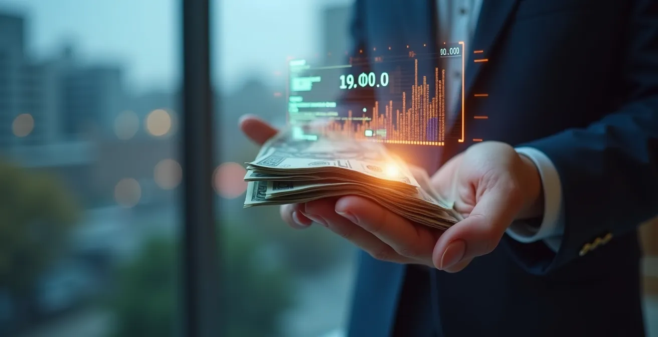 Illustration symbolique de la transition entre argent liquide et transactions numériques dans la société moderne