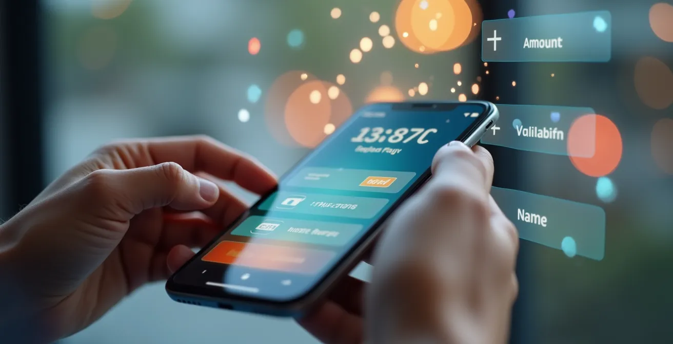 Vue détaillée d'un utilisateur créant une e-carte bleue sur smartphone, avec interface intuitive et éléments graphiques montrant la sécurité et la rapidité.