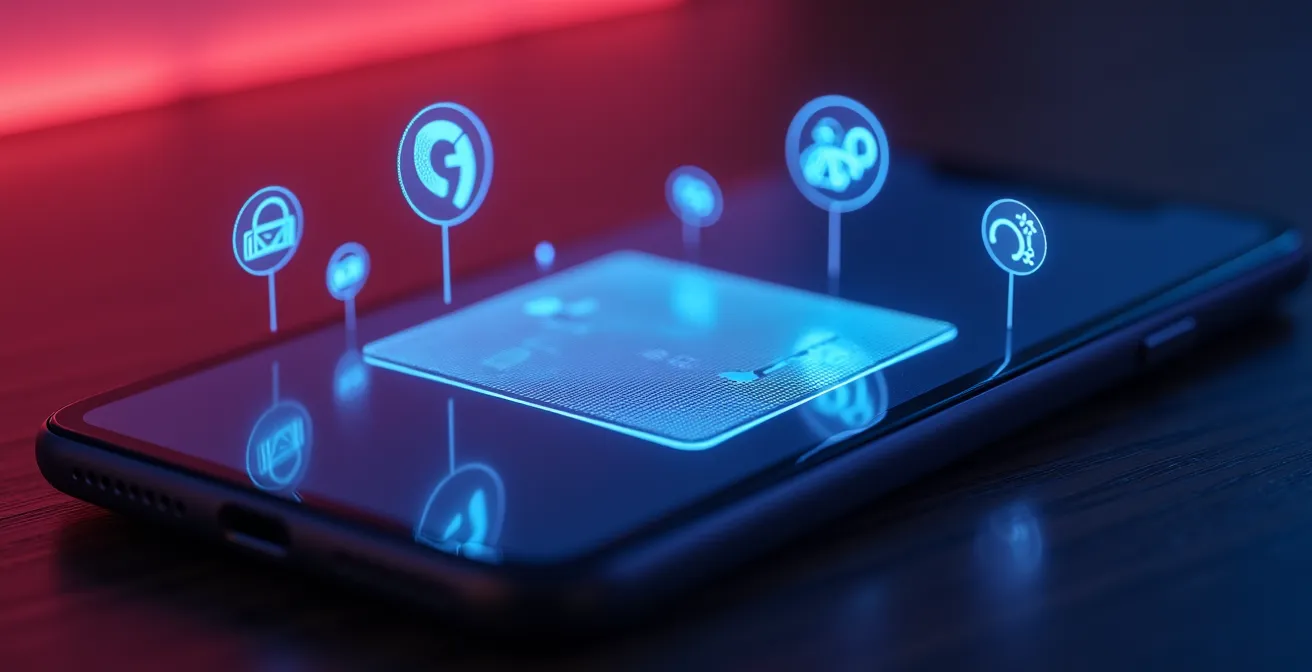 Illustration d’un smartphone avec une carte rechargeable dédiée affichée à l’écran, entourée d’icônes représentant des abonnements divers