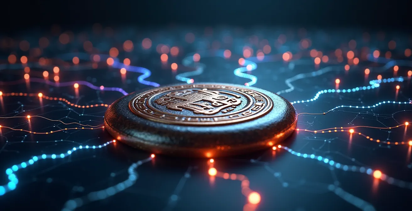 Représentation symbolique de la blockchain comme un notaire universel, garantissant la confiance sans autorité centrale