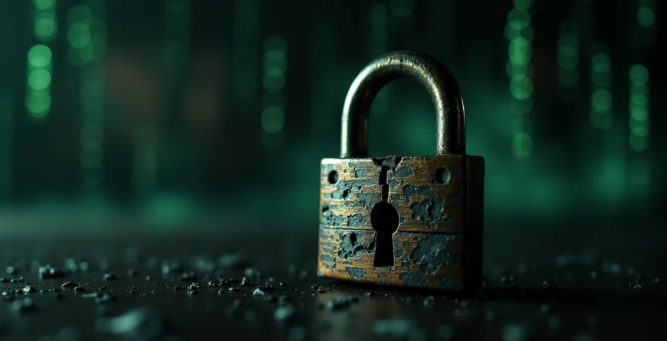 Une image symbolique montrant un cadenas brisé et des lignes numériques symbolisant un mot de passe compromis