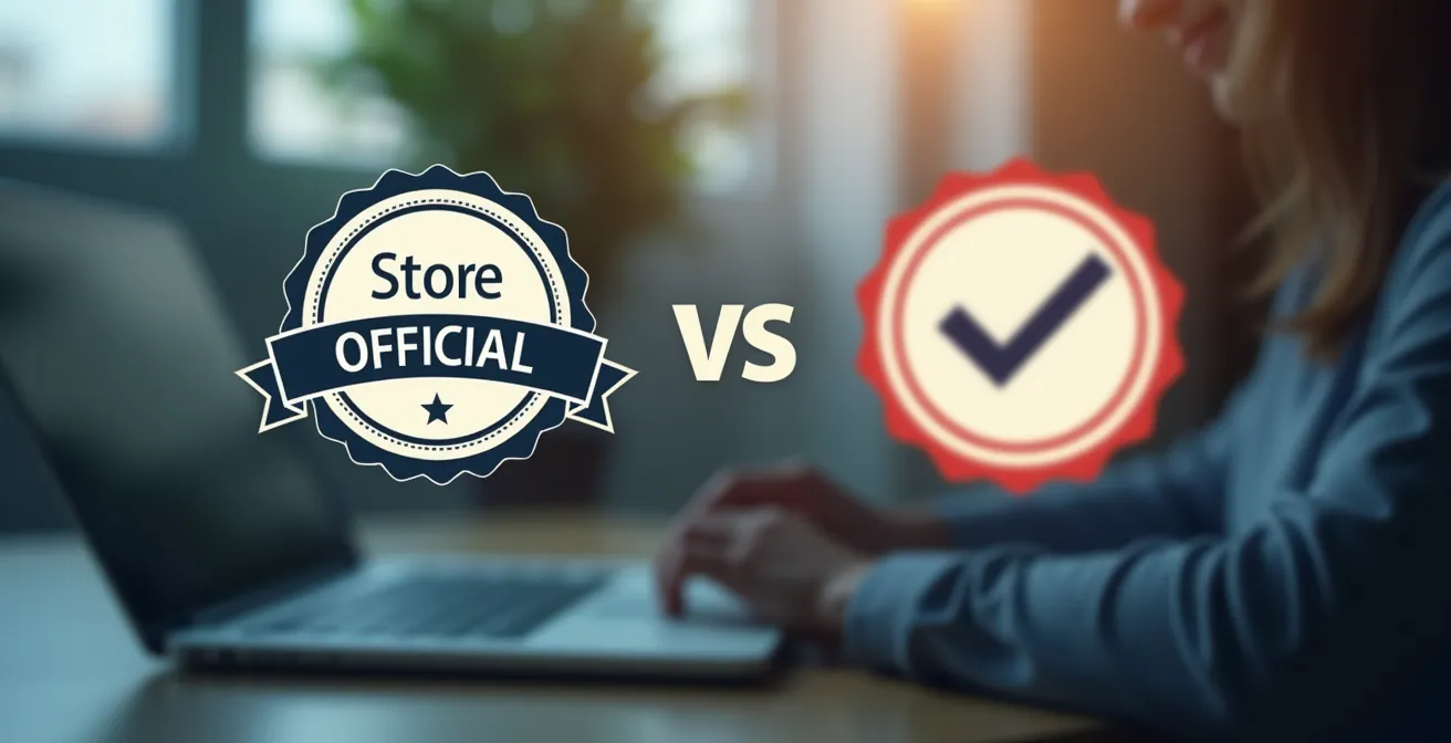 Illustration montrant la différence entre un label de confiance authentique et un faux label sur un site e-commerce