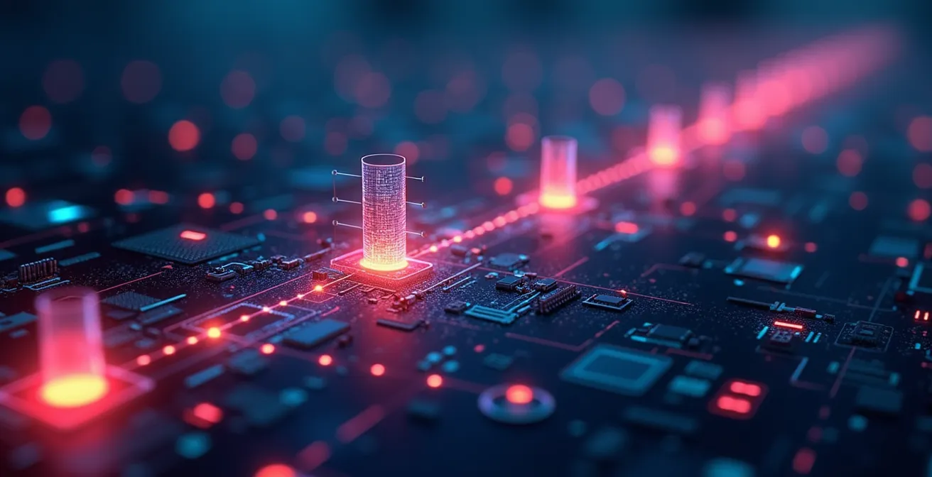 Illustration conceptuelle d’un algorithme mettant en lumière une longue traîne de produits et des profils client segmentés numériquement