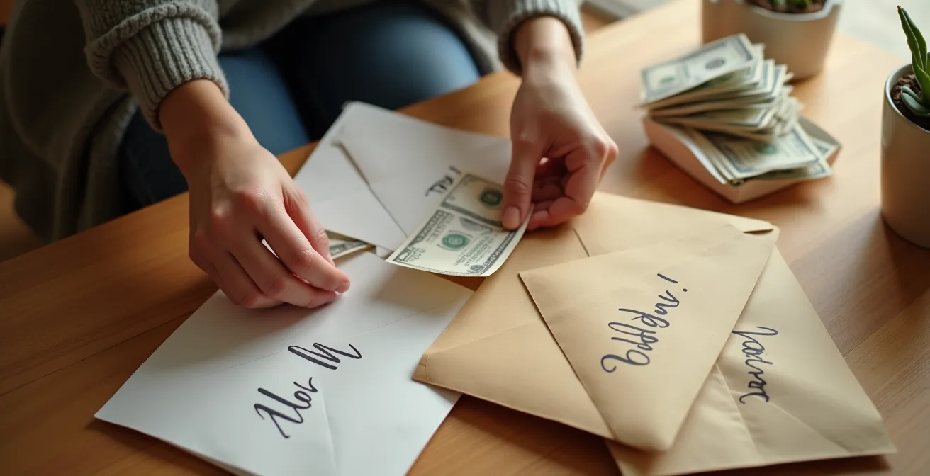Différentes enveloppes en papier avec des étiquettes de catégories budgétaires et billets d'euros insérés dedans sur une table