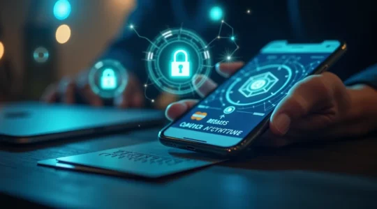 Une composition symbolique représentant plusieurs moyens de paiement modernes comme la carte bancaire, un smartphone avec une application e-wallet, et des symboles de sécurité tels qu'un cadenas digital.