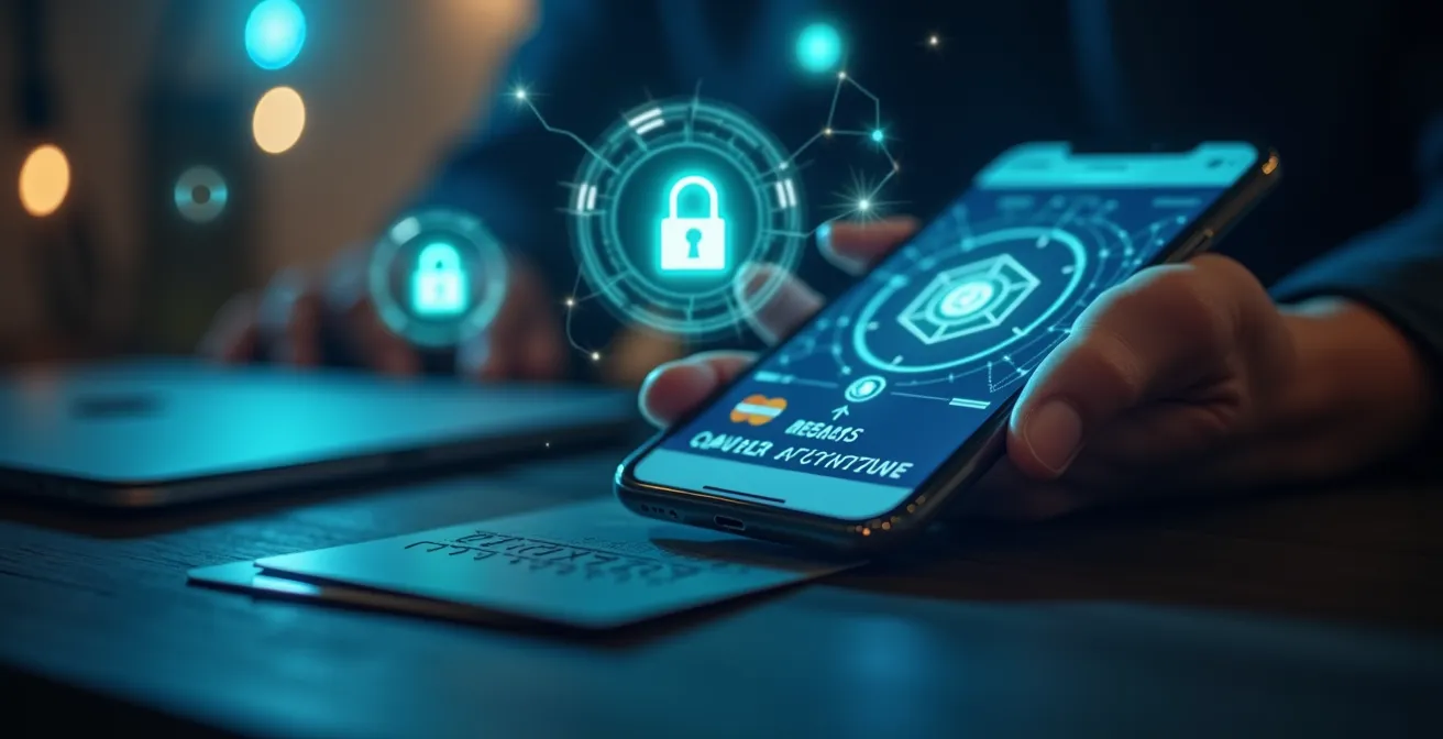 Une composition symbolique représentant plusieurs moyens de paiement modernes comme la carte bancaire, un smartphone avec une application e-wallet, et des symboles de sécurité tels qu'un cadenas digital.