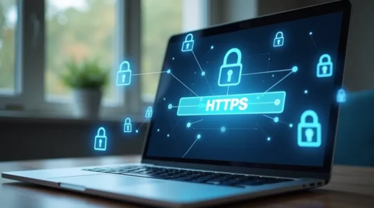 Un ordinateur portable avec un navigateur affichant un cadenas de sécurité, entouré d'éléments symbolisant la protection des données bancaires en ligne