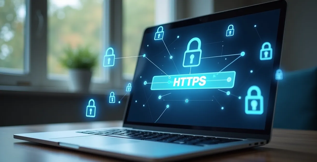 Un ordinateur portable avec un navigateur affichant un cadenas de sécurité, entouré d'éléments symbolisant la protection des données bancaires en ligne