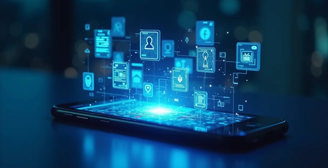 Smartphone affichant une interface futuriste contenant une carte d'identité, un permis et des clés digitales