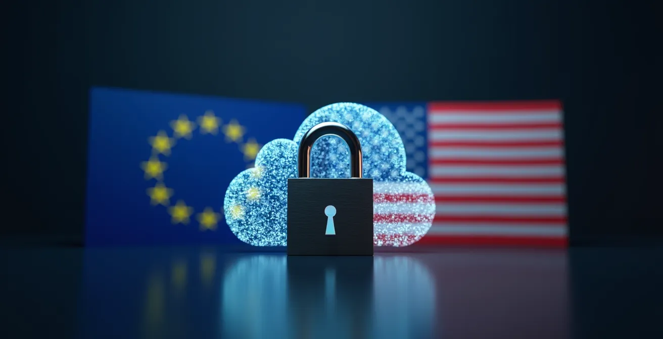 Image symbolique d'un cloud digital protégé par cadenas avec des drapeaux européens et américains symbolisant la géopolitique des données