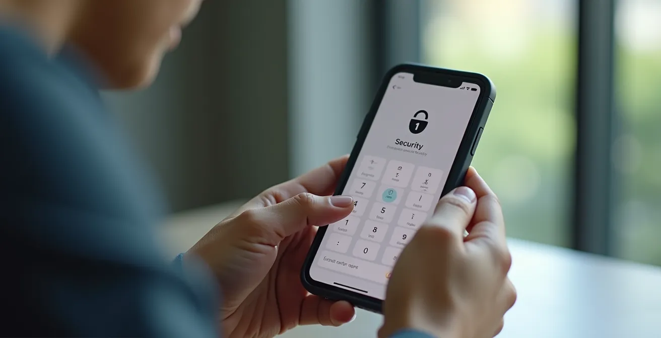 Un utilisateur configure un smartphone avec des paramètres de sécurité avancés visibles à l'écran