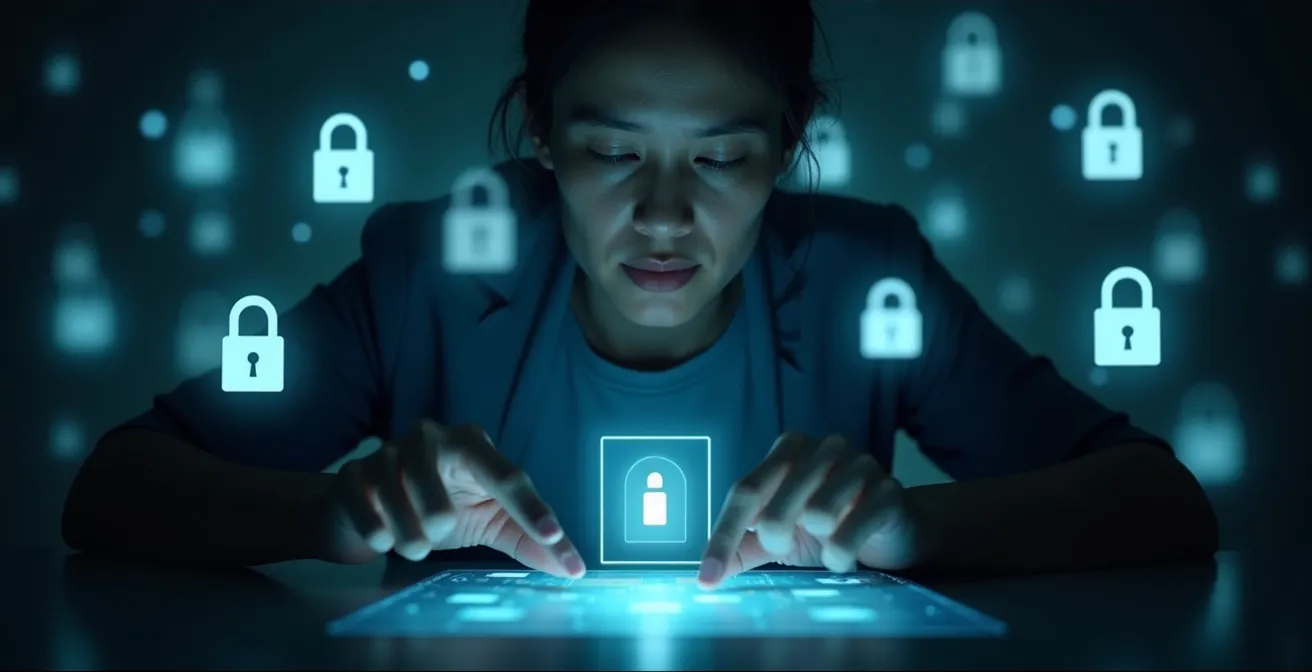 Représentation symbolique d'une personne réfléchissant avant de cliquer sur un écran numérique, entourée d'icônes de sécurité et confidentialité