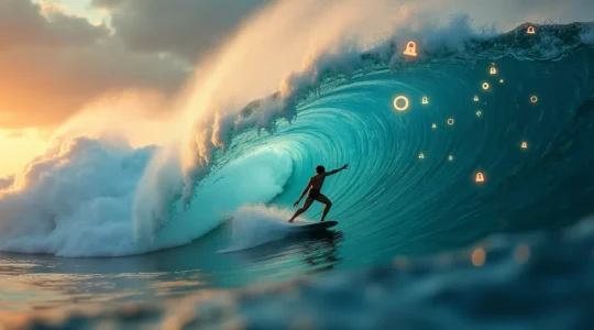 Illustration symbolique représentant une personne surfeuse maîtrisant les vagues numériques, avec des icônes de sécurité, finances et banque en arrière-plan