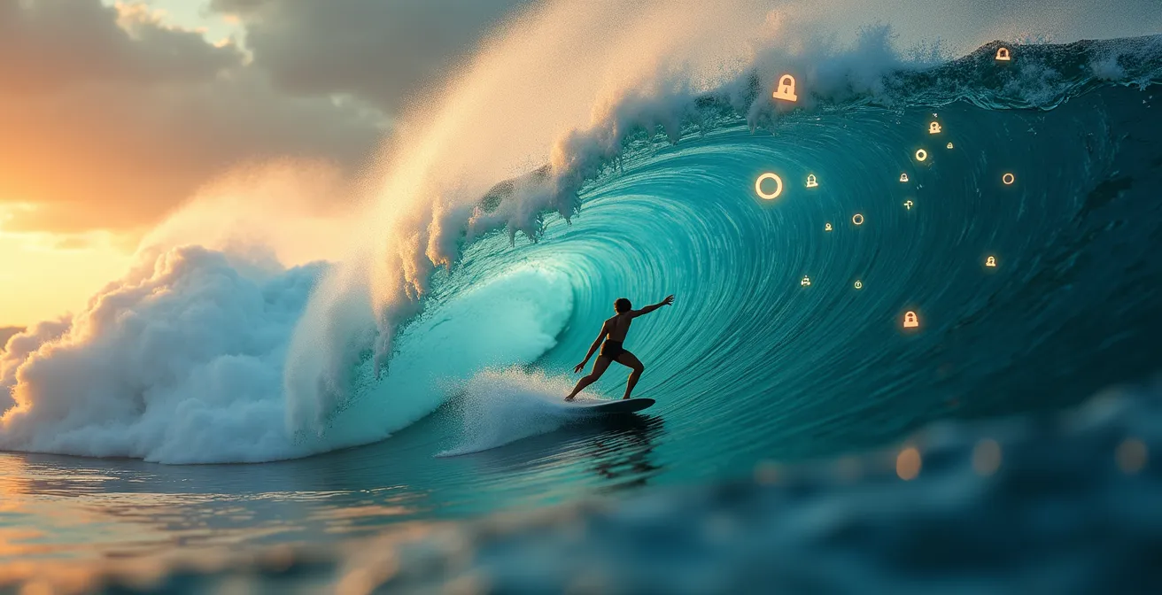 Illustration symbolique représentant une personne surfeuse maîtrisant les vagues numériques, avec des icônes de sécurité, finances et banque en arrière-plan