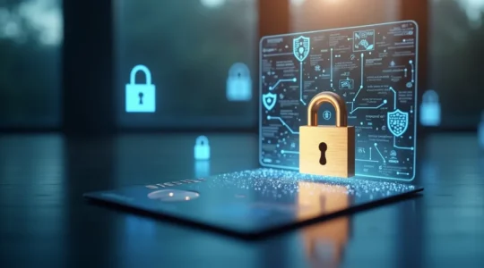 Image symbolique représentant la sécurité des paiements en ligne avec un cadenas numérique, une carte bancaire et des éléments visuels de protection contre la fraude