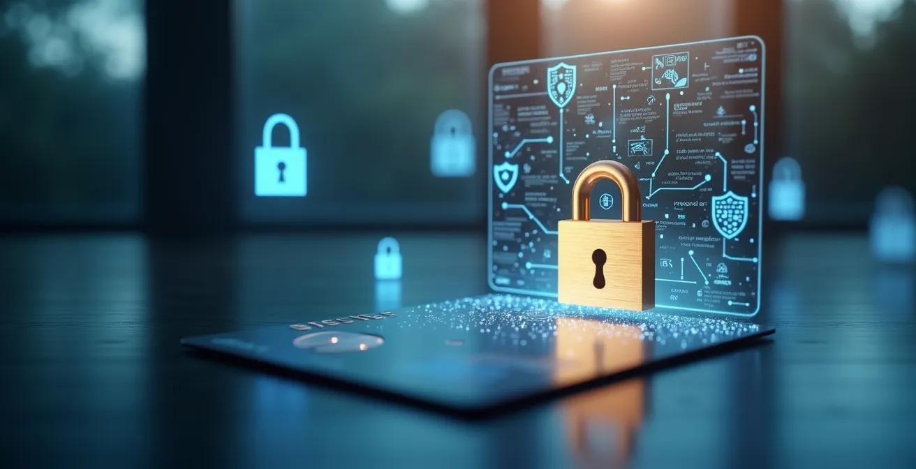 Image symbolique représentant la sécurité des paiements en ligne avec un cadenas numérique, une carte bancaire et des éléments visuels de protection contre la fraude
