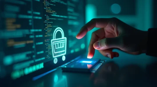 Illustration symbolique représentant la sécurité des paiements en ligne avec des éléments de cyberdéfense et commerce électronique
