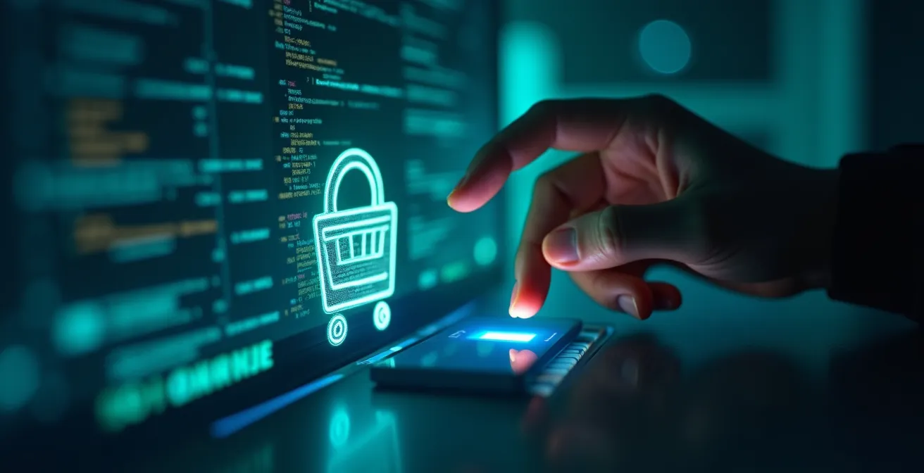 Illustration symbolique représentant la sécurité des paiements en ligne avec des éléments de cyberdéfense et commerce électronique