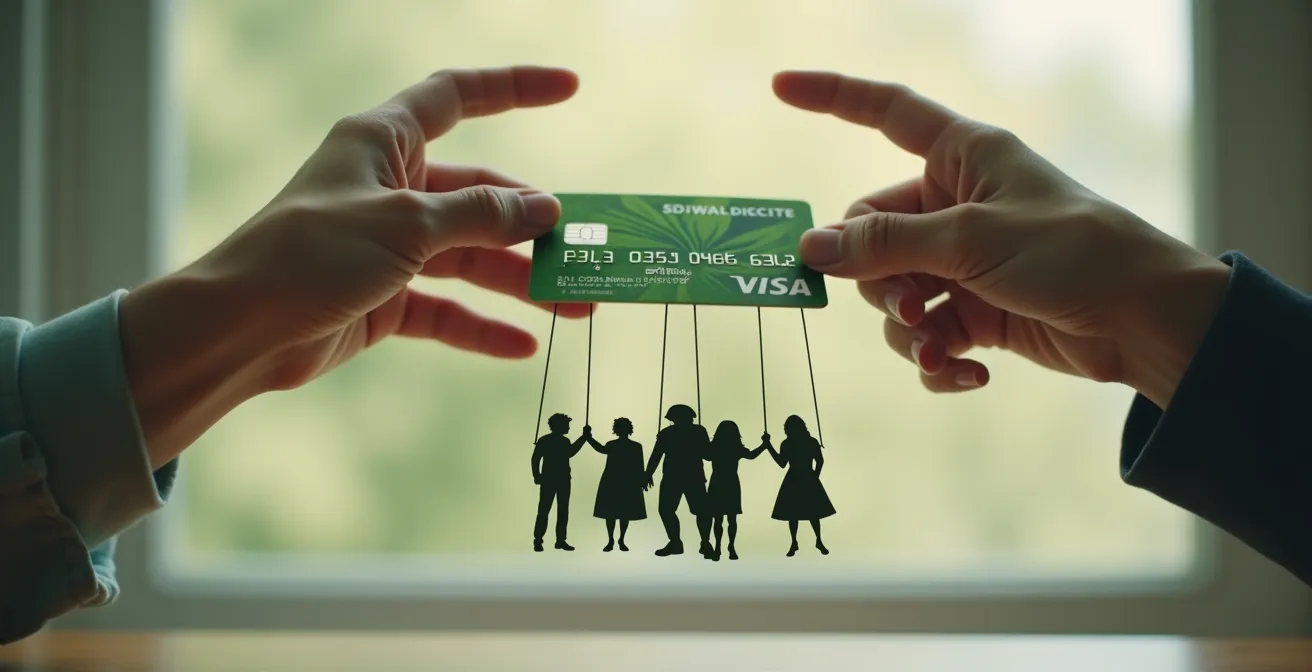 Visuel conceptuel contrastant entre une main tenant une carte bancaire avec des symboles écologiques et sociaux, et une autre main manipulant des fils comme un marionnettiste.