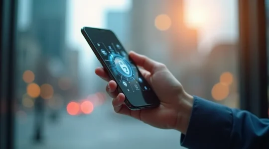 Un smartphone moderne affichant une interface de portefeuille numérique avec éléments graphiques symbolisant la sécurité et les transactions financières digitales