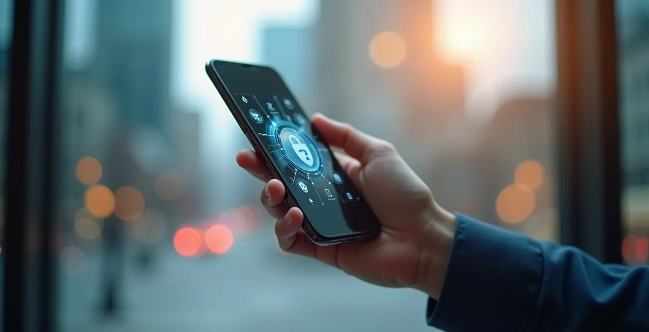 Un smartphone moderne affichant une interface de portefeuille numérique avec éléments graphiques symbolisant la sécurité et les transactions financières digitales