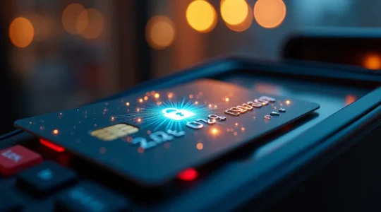 Illustration symbolique représentant le parcours sécurisé d'une transaction par carte bancaire, de la puce à l'autorisation