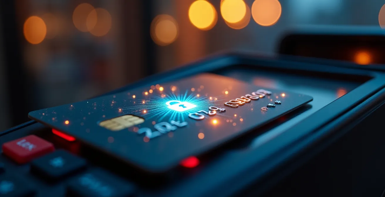 Illustration symbolique représentant le parcours sécurisé d'une transaction par carte bancaire, de la puce à l'autorisation