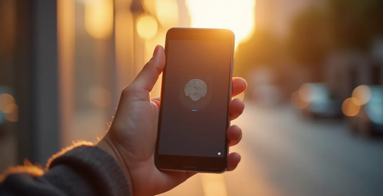 Vue rapprochée d’un smartphone affichant une interface d’e-wallet utilisant la reconnaissance faciale pour sécuriser un paiement.