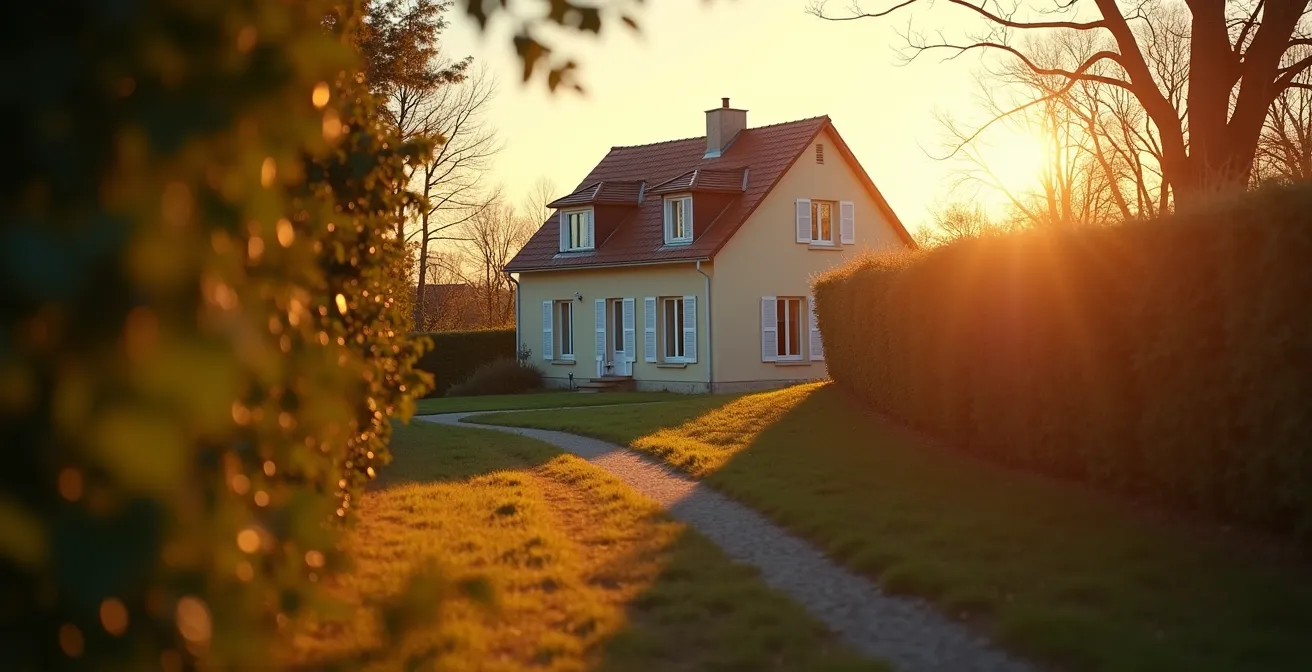 Maison française vue de loin dans un environnement paisible suggérant la discrétion et la sécurité pendant l'absence de ses occupants.