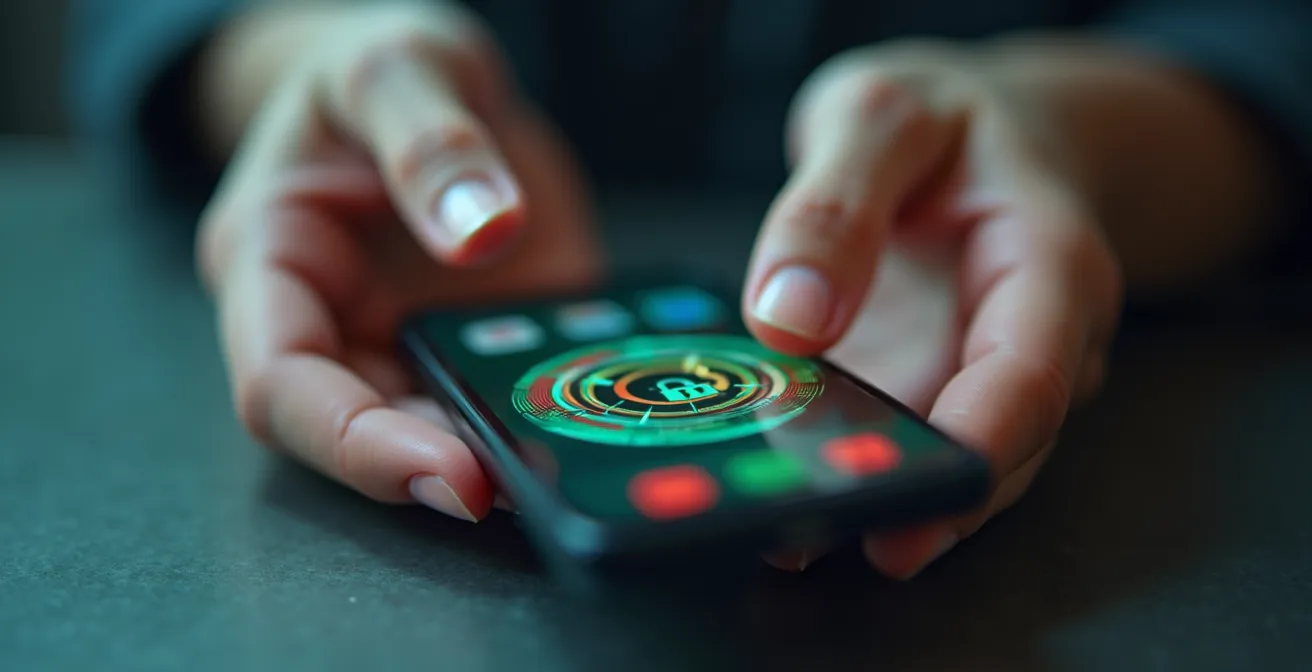 Gros plan sur des mains manipulant un smartphone montrant un bouton de verrouillage stylisé